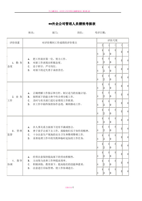 外企公司管理人员绩效考核表