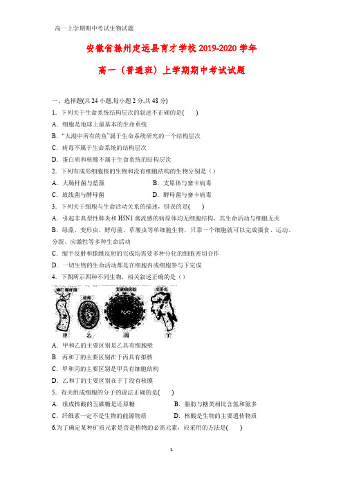 2019-2020学年安徽省滁州定远县育才学校高一(普通班)上学期期中考试生物试题