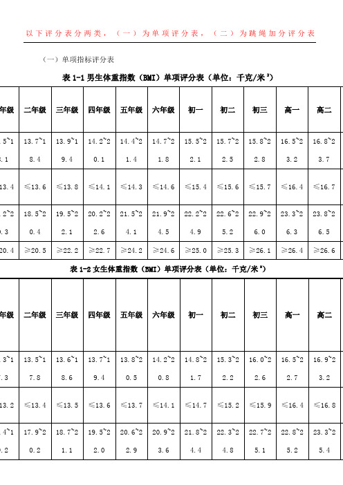 国家学生体质健康标准测试评分表格