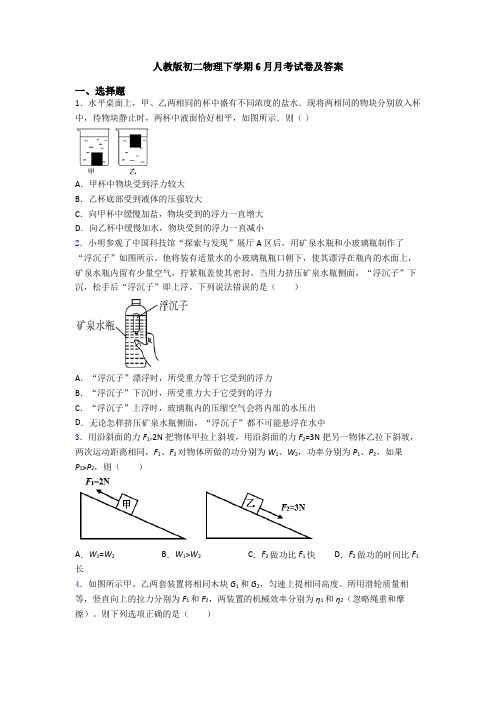 人教版初二物理下学期6月月考试卷及答案