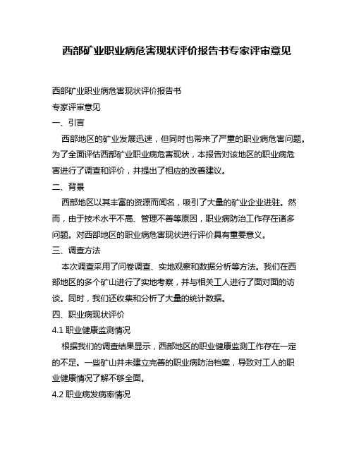 西部矿业职业病危害现状评价报告书专家评审意见