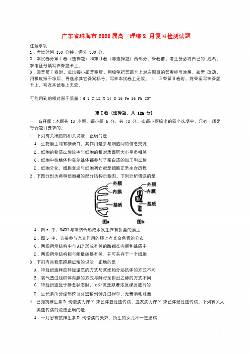 广东省珠海市2020届高三理综2月复习检测试题(含答案)