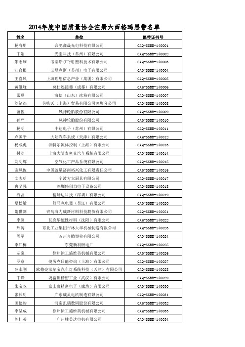 2014年六西格玛黑带注册名单