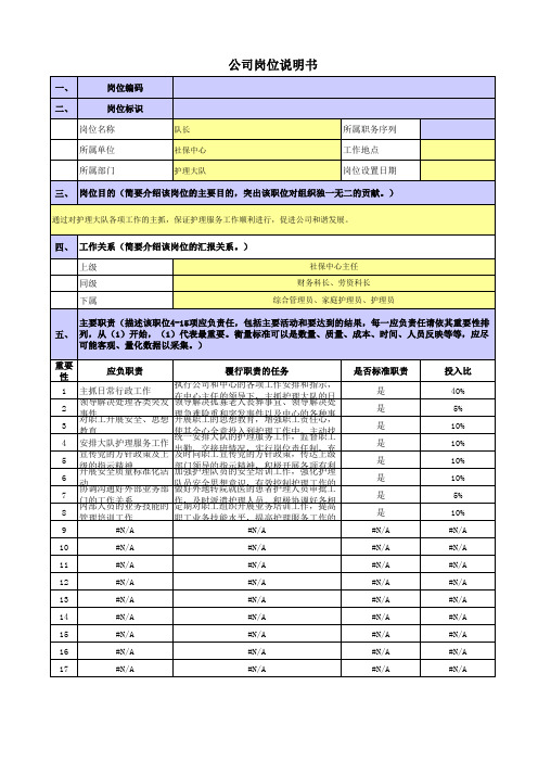 央企社保中心岗位职责梳理表护理大队队长岗位职责梳理表