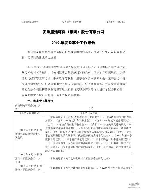 盛运环保：2019年度监事会工作报告