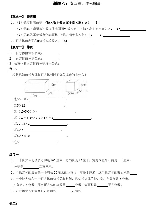 五年级下册数学试题课题六：表面积、体积综合人教版