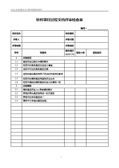 软件项目过程文档评审检查表模板