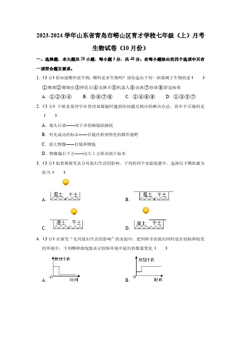 2023-2024学年山东省青岛市崂山区育才学校七年级(上)月考生物试卷(10月份)(含解析)