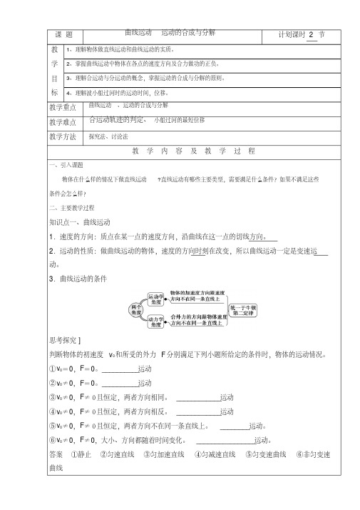 高三物理一轮复习教案:曲线运动运动的合成与分.全国通用Word版含解析