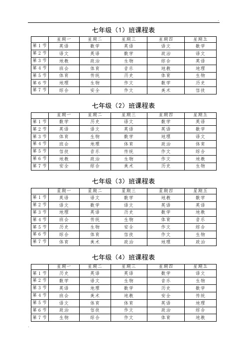 七年级(1)班课程表