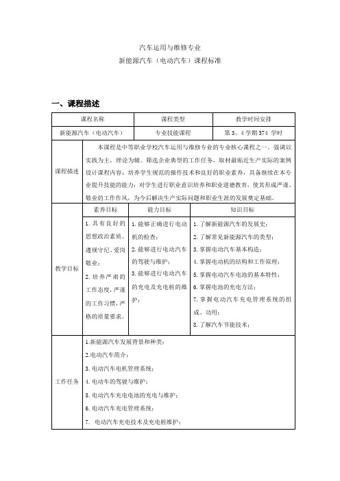 新能源汽车(电动汽车)课程标准