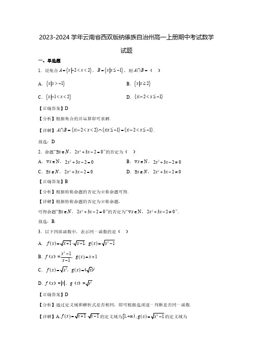 2023-2024学年云南省西双版纳傣族自治州高一上册期中考试数学试题(含解析)