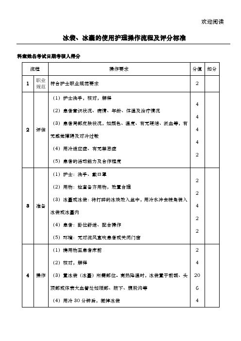 冰袋、冰囊的使用护理操作流程及评分标准