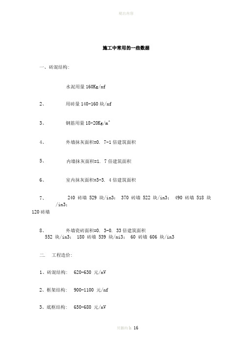 建筑材料每平方米用量及费用