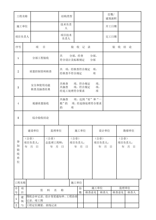 单位(子单位)工程质量竣工验收记录、单位工程质量控制资料核查记录