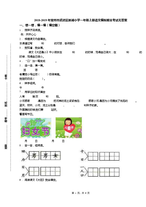 2018-2019年常州市武进区新湖小学一年级上册语文模拟期末考试无答案