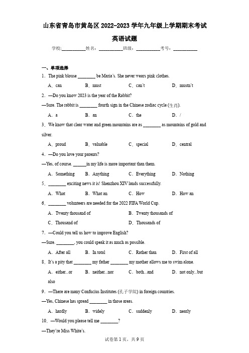 山东省青岛市黄岛区2022-2023学年九年级上学期期末考试英语试题