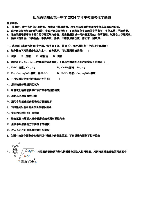 山东省德州市第一中学2024届中考联考化学试题含解析