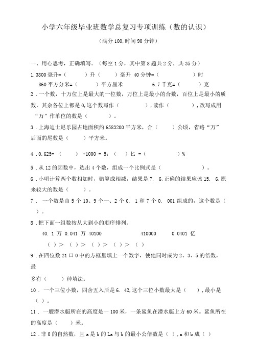 苏教版小学六年级毕业班数学总复习专项训练(数的认识)