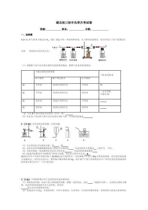 湖北初三初中化学月考试卷带答案解析
