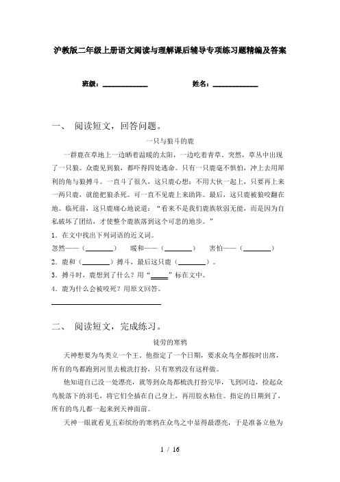 沪教版二年级上册语文阅读与理解课后辅导专项练习题精编及答案