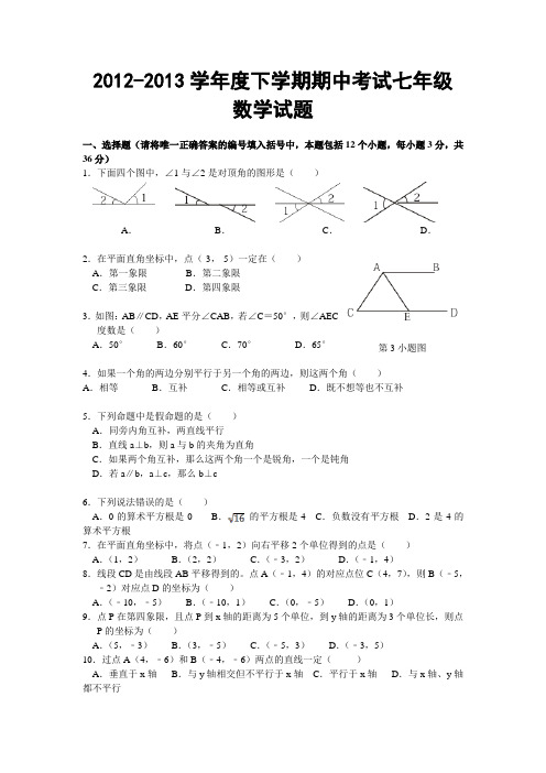 2012-2013学年度下学期期中考试七年级数学试题