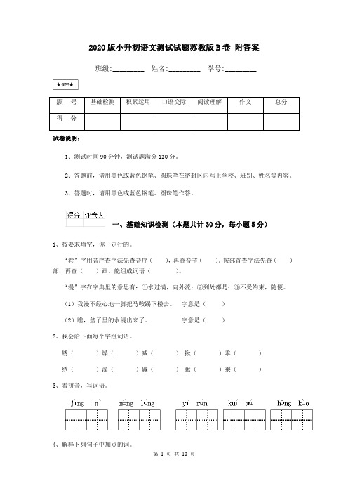 2020版小升初语文测试试题苏教版B卷 附答案