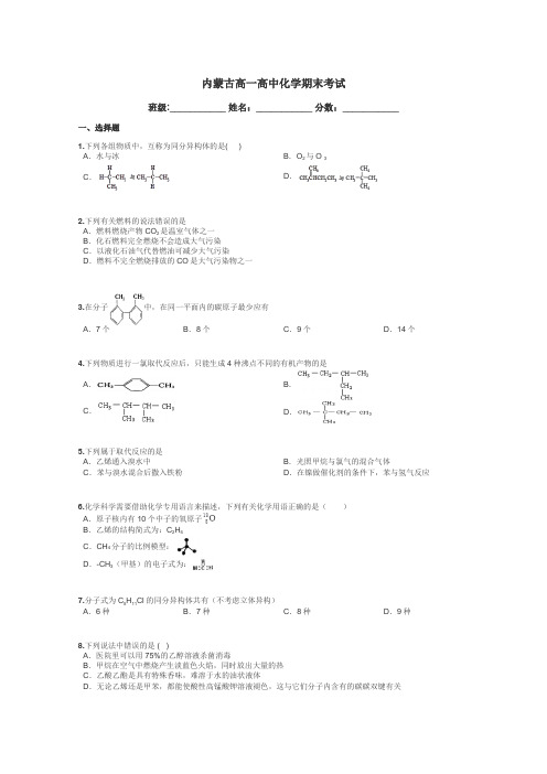 内蒙古高一高中化学期末考试带答案解析
