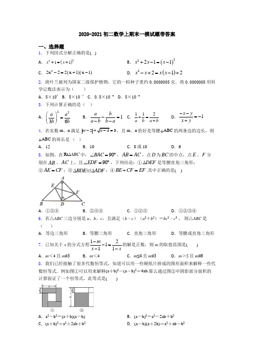 2020-2021初二数学上期末一模试题带答案