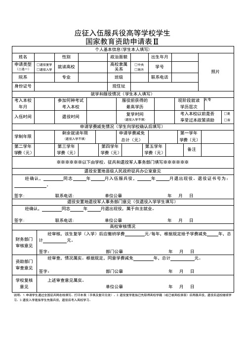 应征入伍服兵役高等学校学生国家教育资助申请表Ⅱ