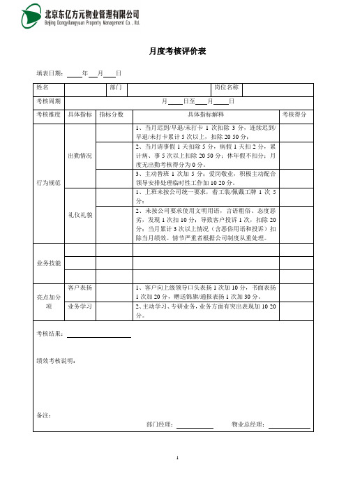 工程值机人员月度考核评价表