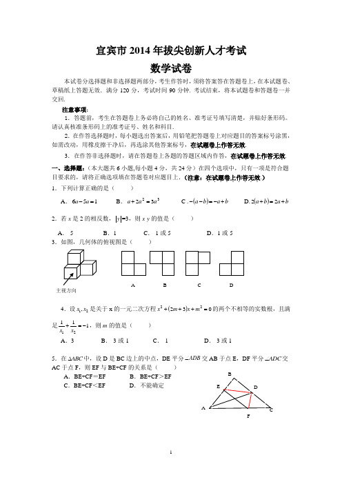宜宾市2014年拔尖创新人才考试数学试题