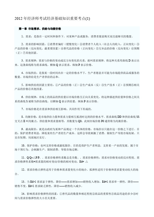 2012年中级经济师考试经济基础知识重要考点复习资料汇总-可直接打印