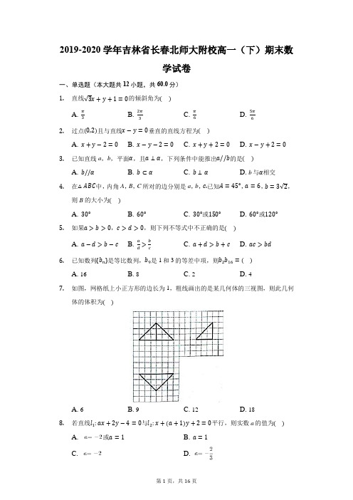 2019-2020学年吉林省长春北师大附校高一(下)期末数学试卷(附答案详解)