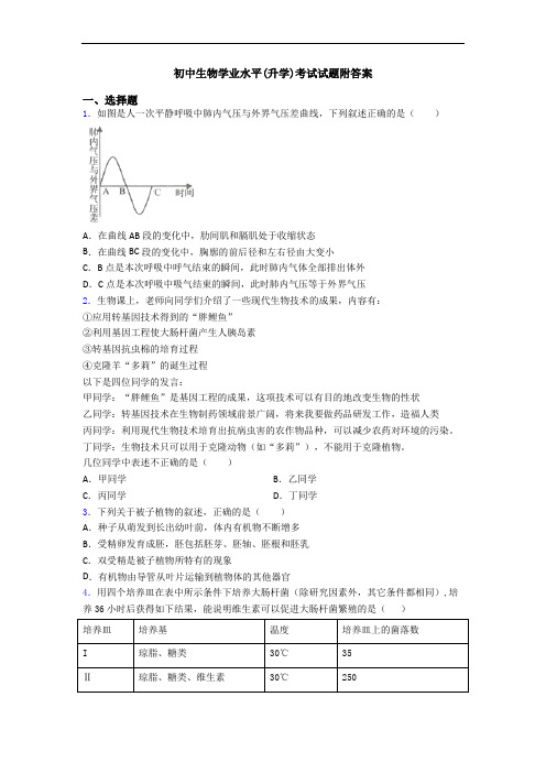 初中生物学业水平(升学)考试试题附答案