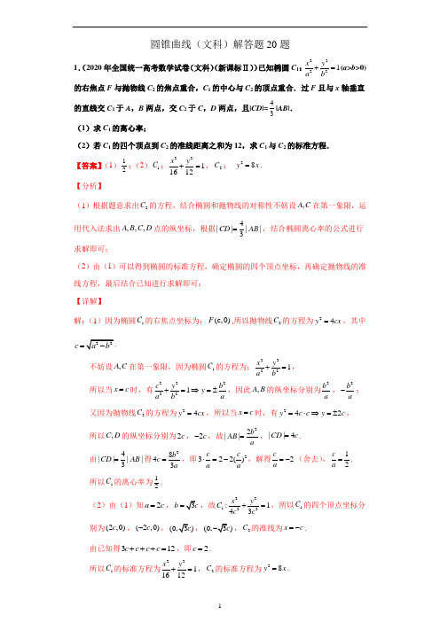 圆锥曲线(文科)解答题20题-备战高考数学冲刺横向强化精练精讲(解析版)