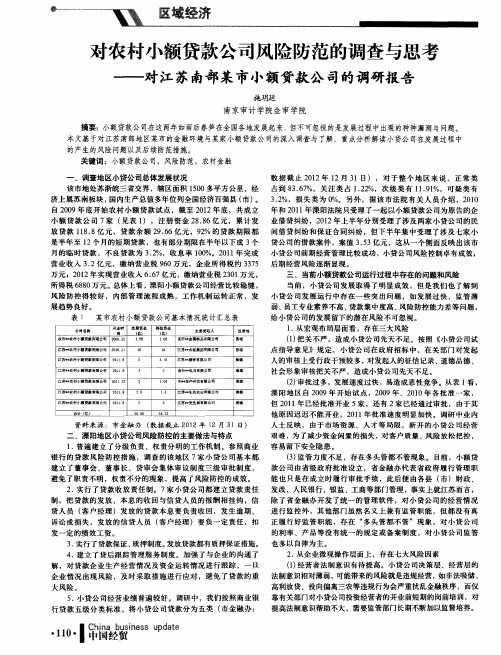 对农村小额贷款公司风险防范的调查与思考——对江苏南部某市小额贷款公司的调研报告