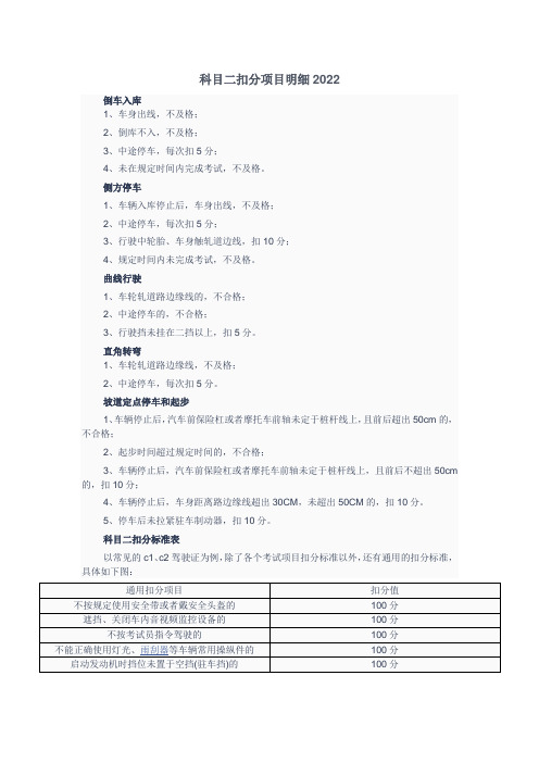 科目二扣分项目明细2022