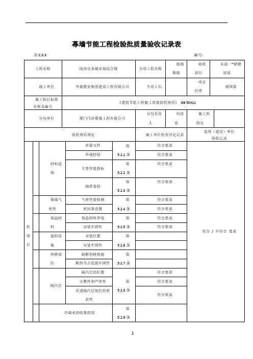 幕墙节能工程检验批质量验收记录表