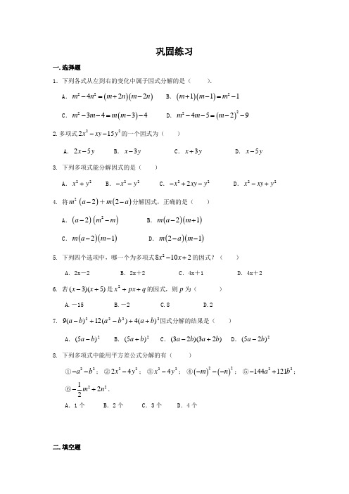 《因式分解》全章复习与巩固(基础)巩固练习八年级数学下册(北师大版)