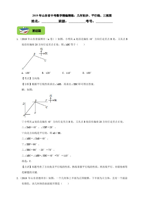 2019年山东省中考数学精编精练：几何初步、平行线、三视图(教师卷)