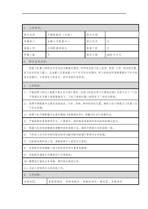 平衡配载员(内场)职位描述