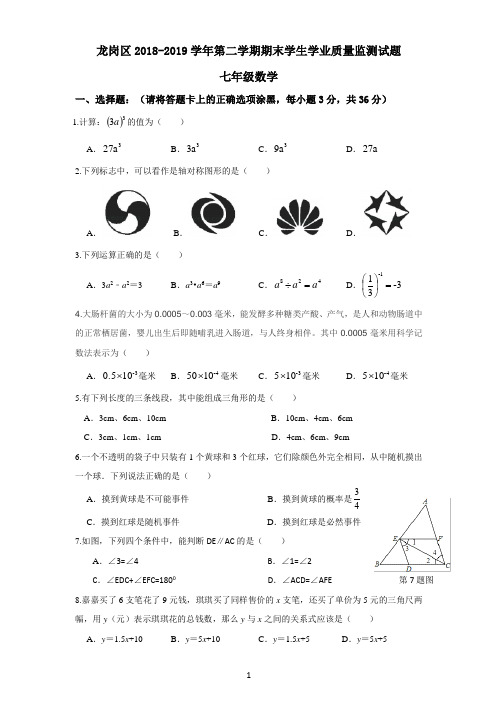 龙岗区2018-2019学年第二学期七年级数学下册期末学生学业质量监测试题含答案