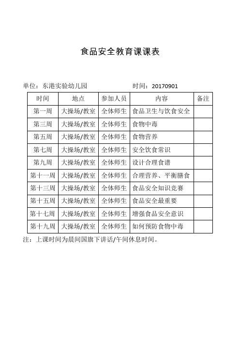 学校通用食品安全课程表及内容