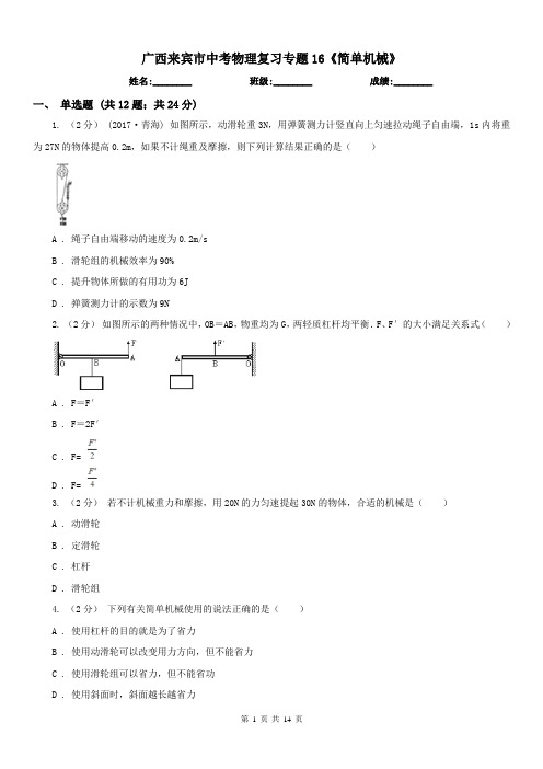 广西来宾市中考物理复习专题16《简单机械》