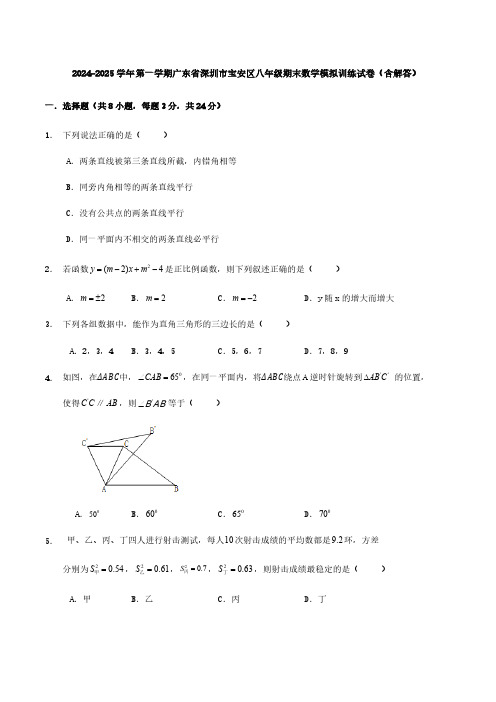 广东省深圳市宝安区2024-2025学年上学期八年级期末数学模拟训练试卷(含答案)