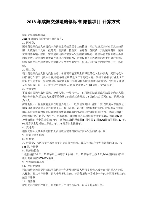 2018年咸阳交强险赔偿标准-赔偿项目-计算方式