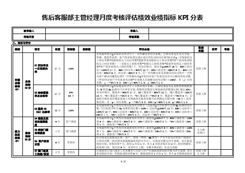 售后客服部主管经理月度考核评估绩效业绩指标KPI分表