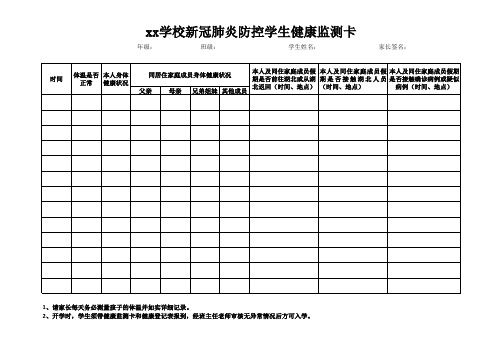 学校新冠肺炎防控学生健康监测卡