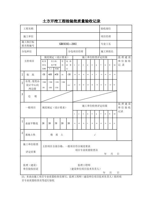 土方开挖工程检验批质量验收记录